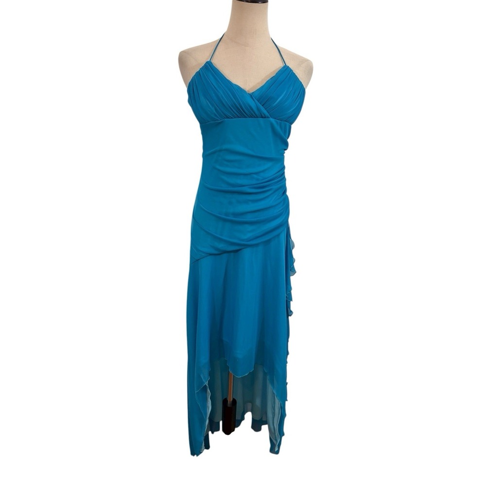Vtg 90s Teeze Me Dress Blue Halter High Low Ruched Y2k Handkerchief Hem Sz S